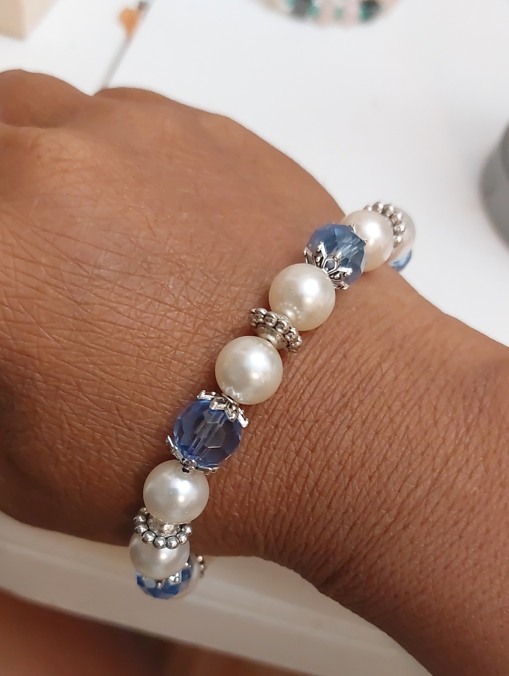 Faux Pearls And Blue Acrylic Beads Stretch Bracelet 7.25 Inches Around